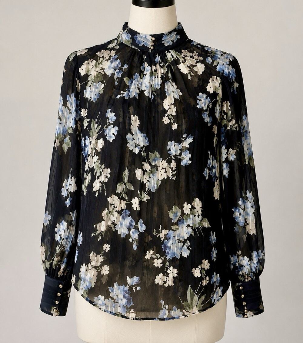 H&M Black Blue White Floral High Neck Long Sleeve Sheer Chiffon Blouse XS